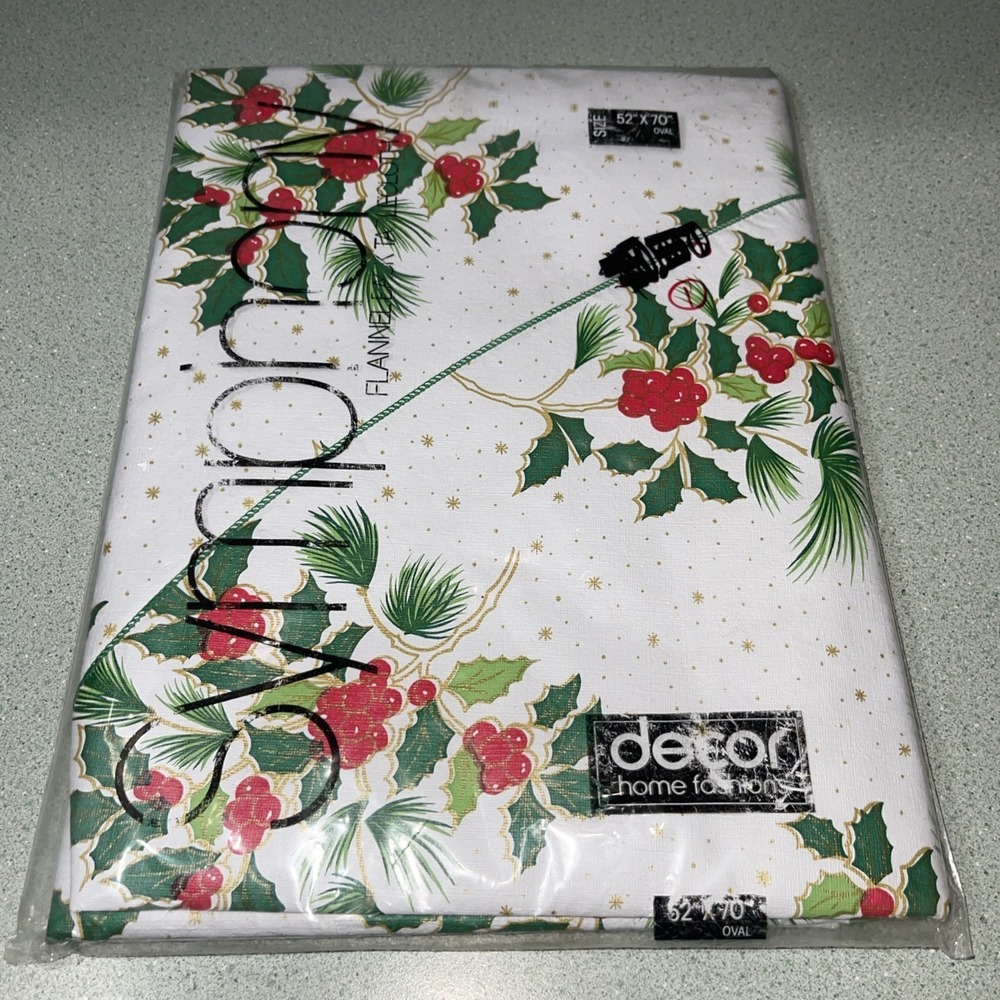 Vintage 80s Holiday Flannel Tablecloth Oval 52x70 1981 Decor Home Fashion